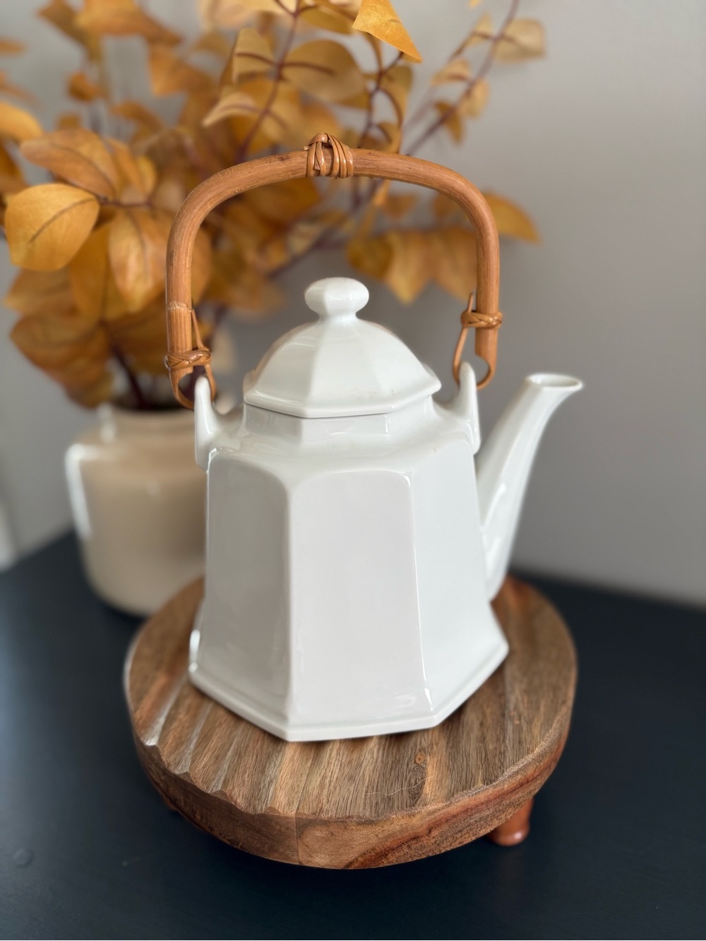 Pier 1 White Ceramic Teapot with Bamboo Handle